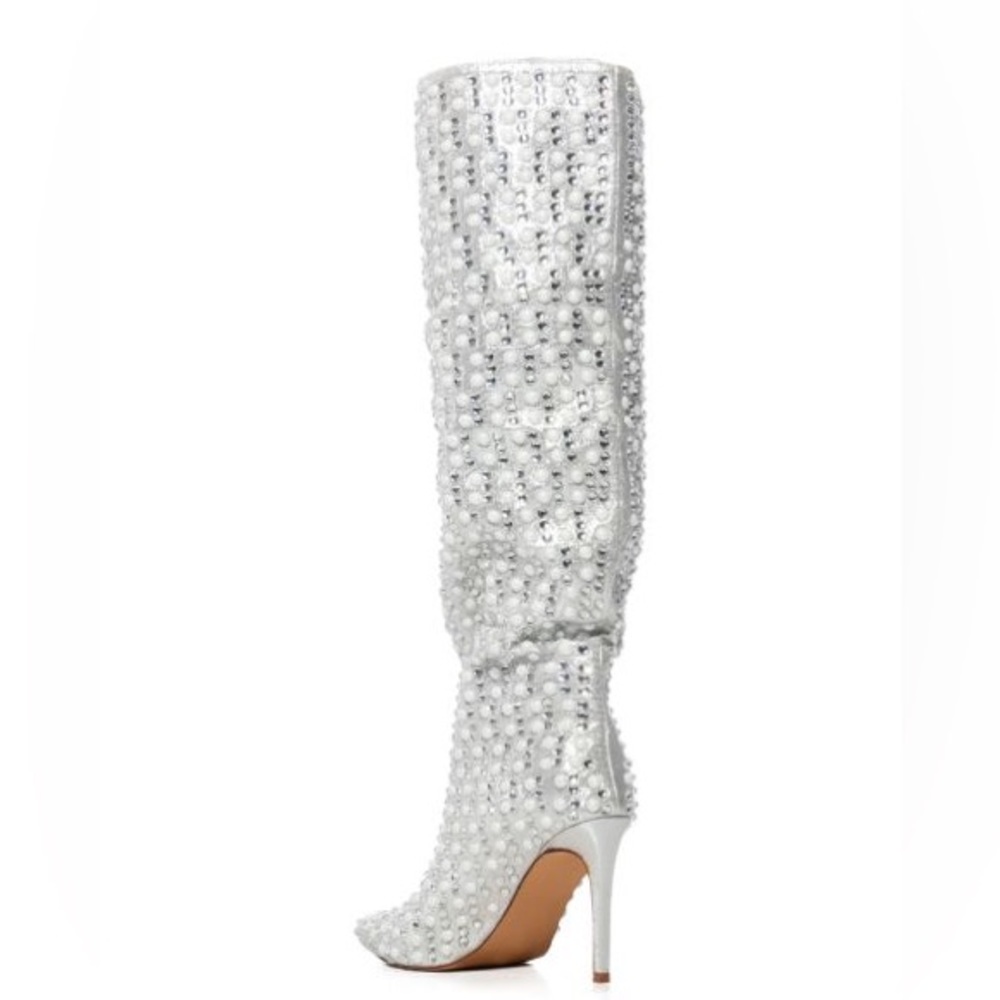 Azalea Wang Silver Pearl Rhinestone Embellished Knee High Boots - Picture 5 of 7